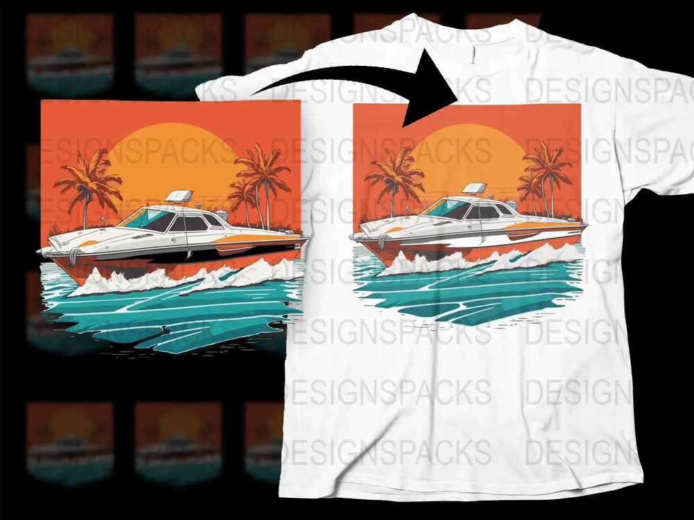Tropical Boat Scene T-Shirt, Retro Speedboat Graphic, Vintage Style Tee, Beach Sunset Design, Unisex Fashion Top