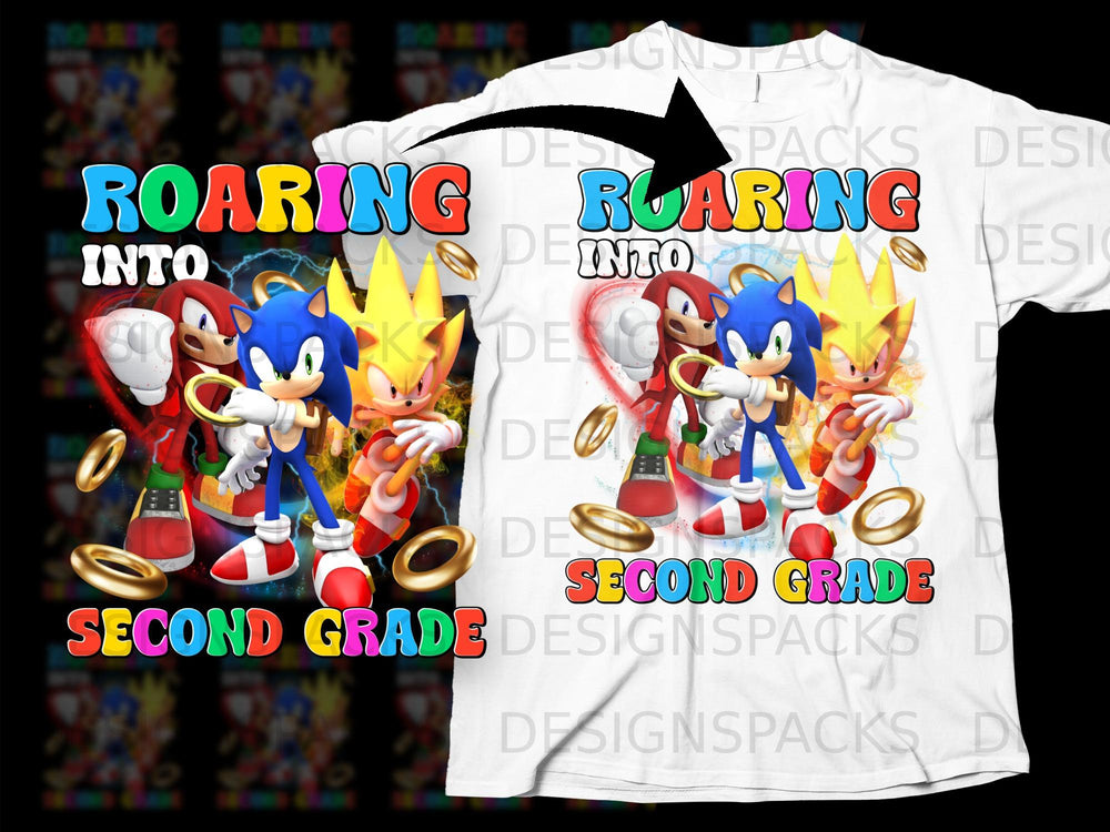 Sonic characters and rings with "Roaring Into Second Grade" text on a t-shirt.