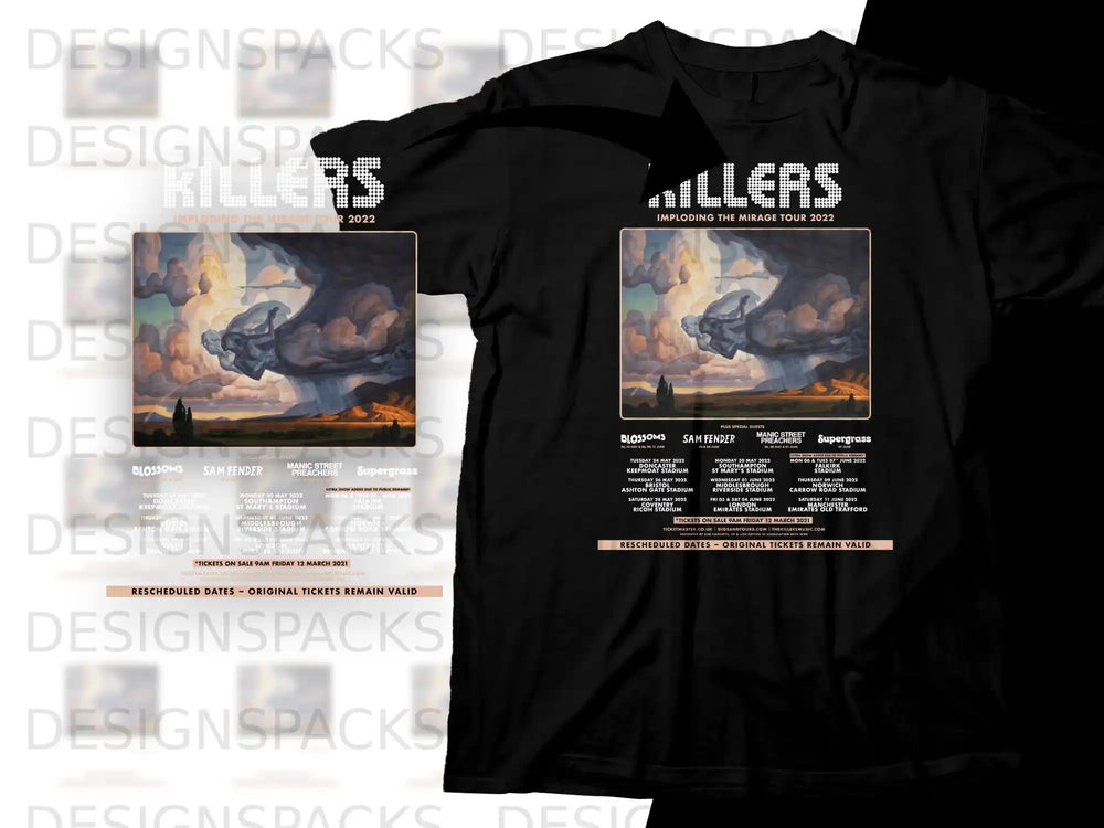 The Killers Imploding The Mirage Tour 2022 black t-shirt with concert dates.