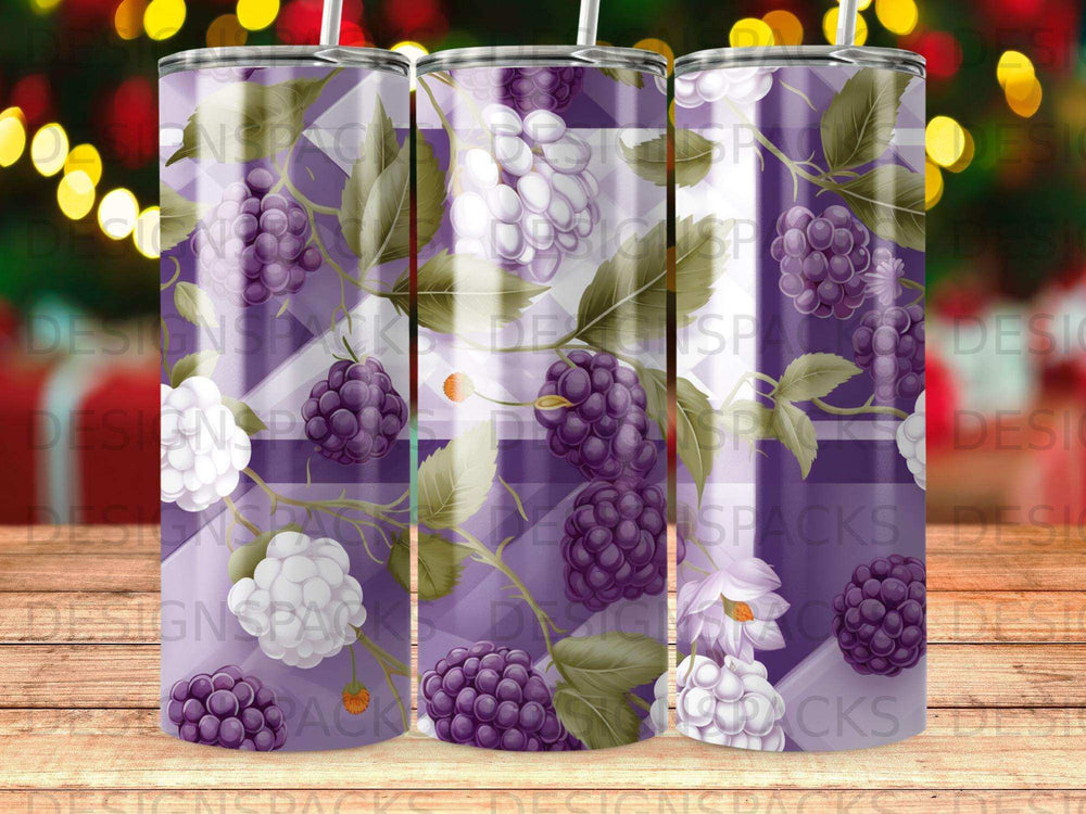 Purple and white berries with green leaves on a striped background.