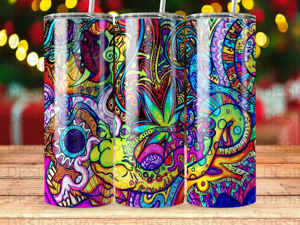 Colorful psychedelic patterned tumbler with abstract designs and some text.