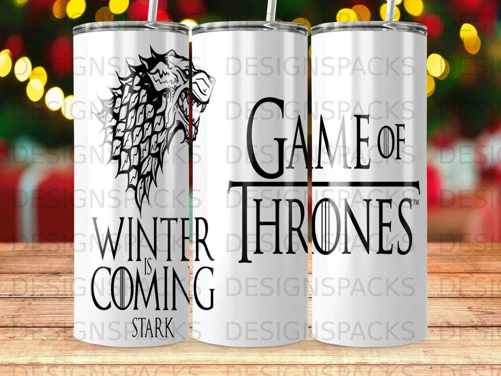 Game of Thrones Winter is Coming tumbler with Stark logo.