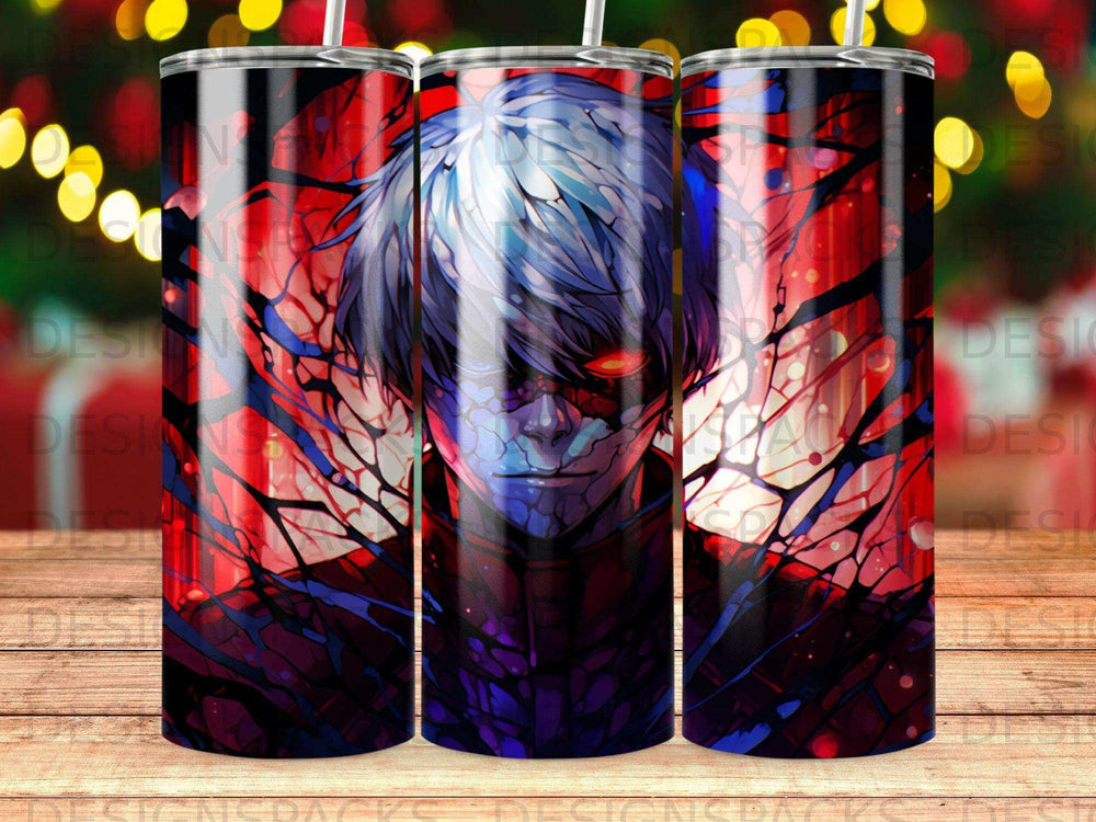 Anime character with red eyes and spiky white hair, against a red and blue abstract background.
