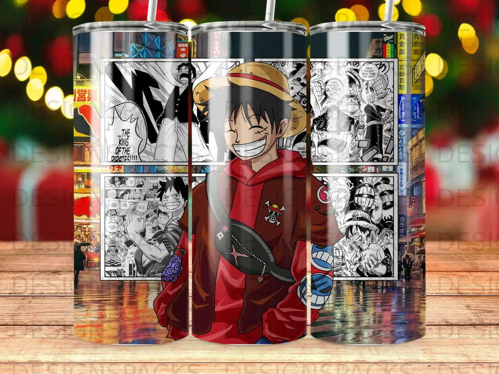 Straw Hat Luffy from One Piece on a tumbler with comic panels.