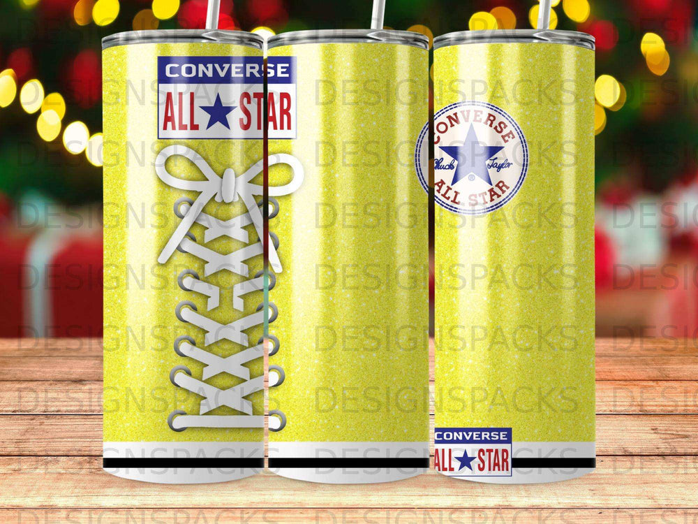 Yellow glitter tumbler with Converse All Star logo and shoelaces.