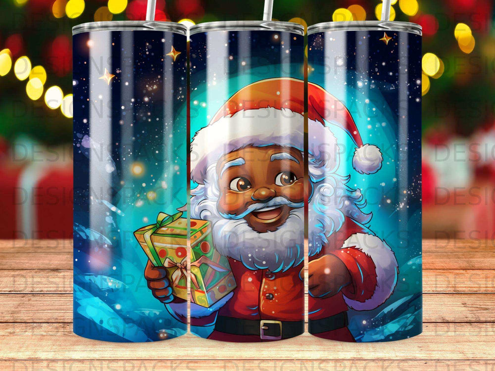 Santa Claus holding a gift, with stars and a festive background.