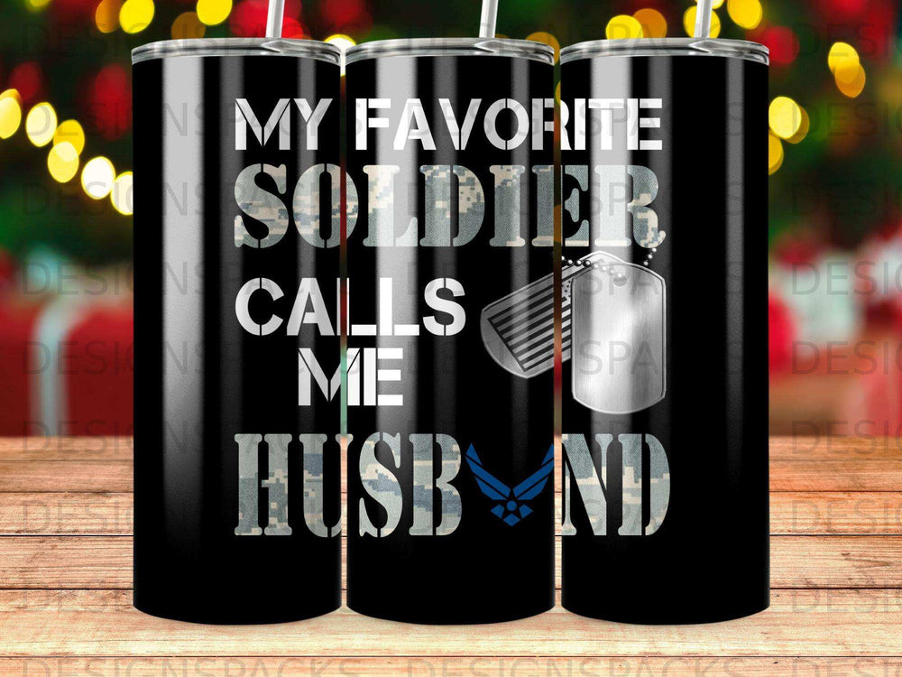 Black tumbler with "My Favorite Soldier Calls Me Husband" and Air Force logo.