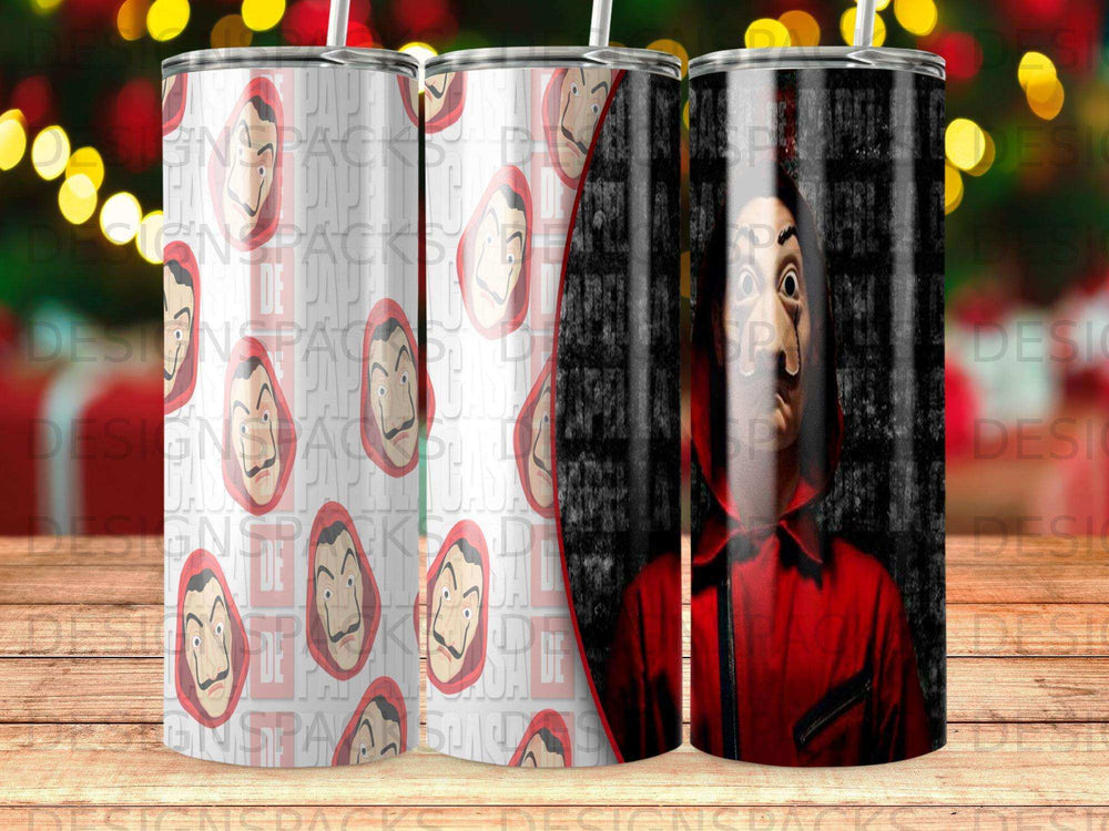 Red jumpsuit figure with mask from Money Heist on a tumbler.
