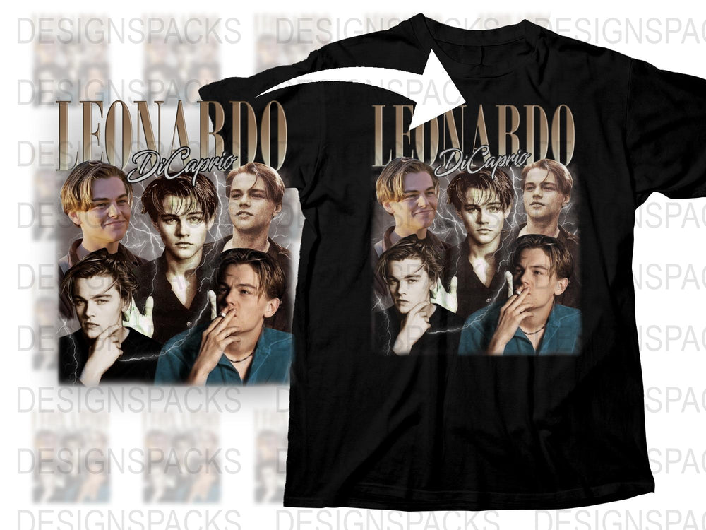 Leonardo DiCaprio Graphic T-Shirt, Vintage 90s Actor Collage Tee, Trendy Movie Star Fashion, Unisex Black Shirt