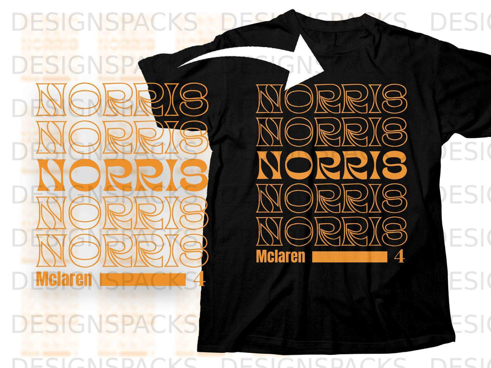 Black t-shirt with orange Norris and Mclaren 4 graphic print.