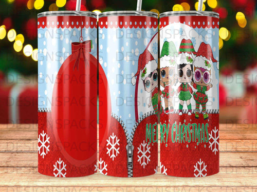 Three tumblers featuring cartoon characters in Christmas hats with 