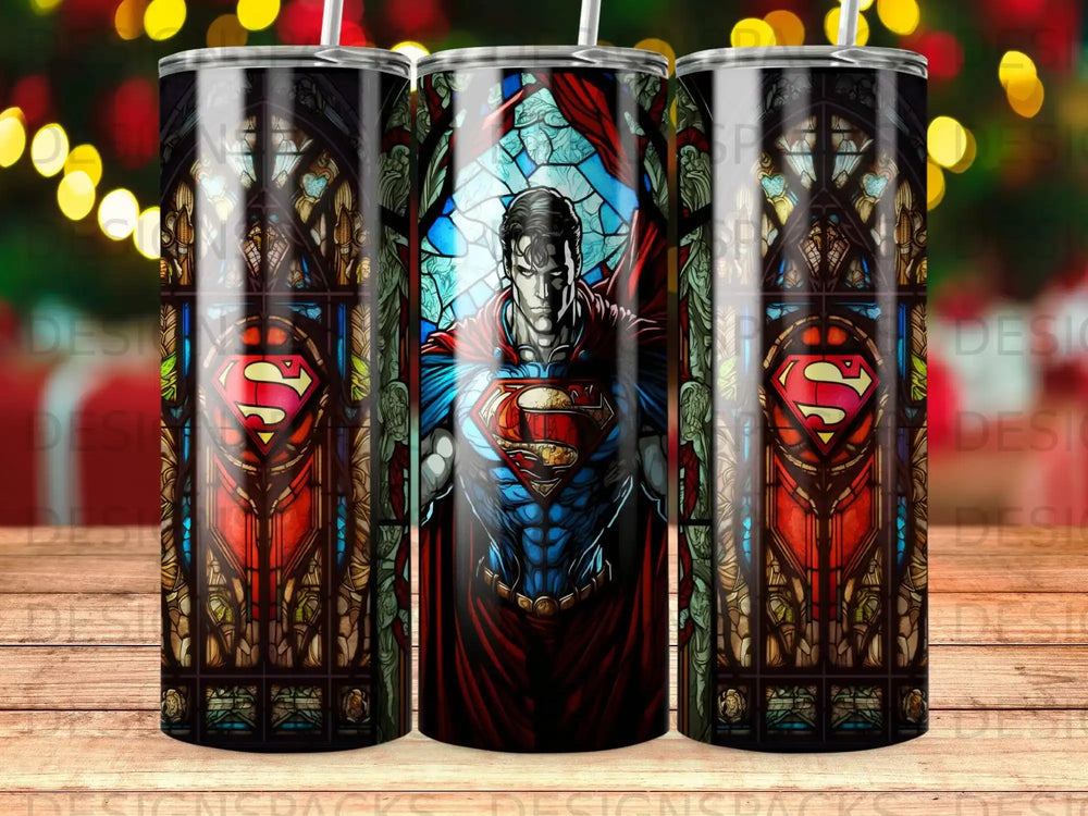 Superman in stained glass, front and center, flanked by matching stained glass panels.