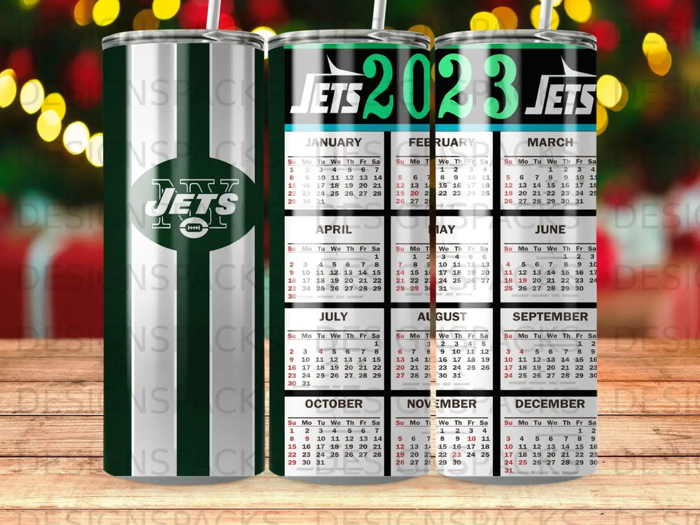 2023 Jets calendar tumbler with monthly view and team logo.