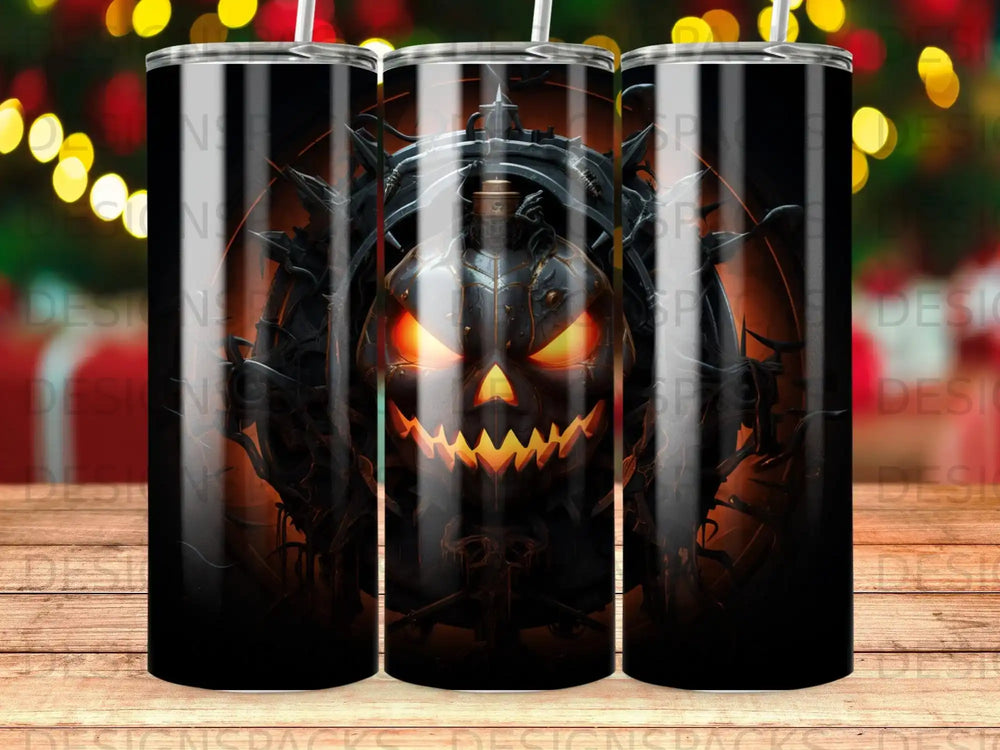 Glowing jack-o'-lantern with menacing eyes, surrounded by dark, thorny vines.