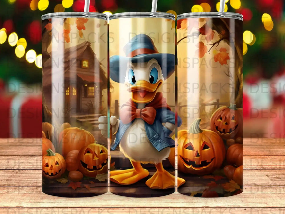 Donald Duck surrounded by pumpkins and autumn leaves, with a house in the background.