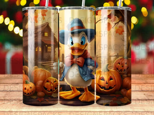 Donald Duck surrounded by pumpkins and autumn leaves, with a house in the background.