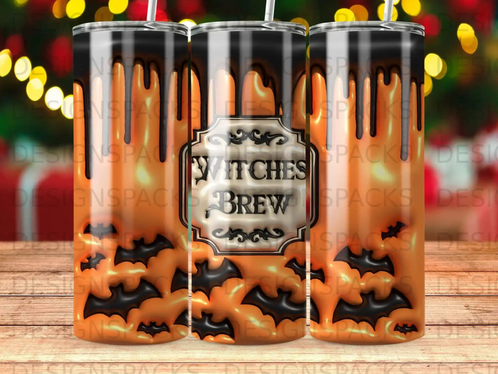 Orange tumbler with witches brew label, bats, and dripping black design.