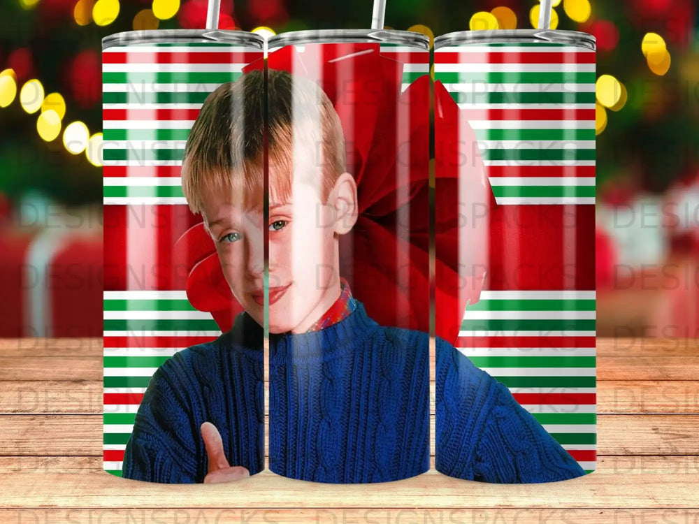 Kevin McCallister wearing a blue sweater in front of a large red bow.