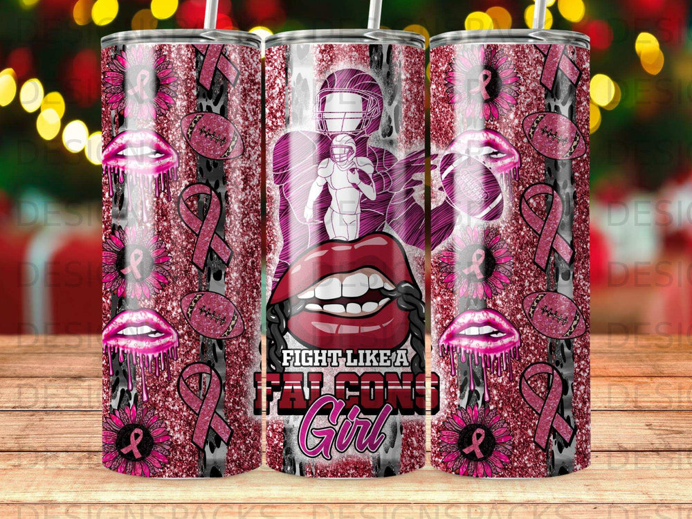 Pink glitter tumbler with football, lips, and breast cancer awareness ribbons.