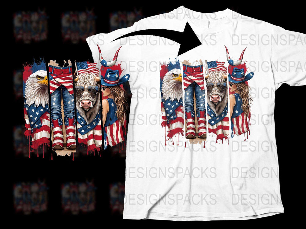Patriotic Animal T-Shirt, Eagle and Cow with American Flag, 4th of July Tee, Unisex Adult Clothing