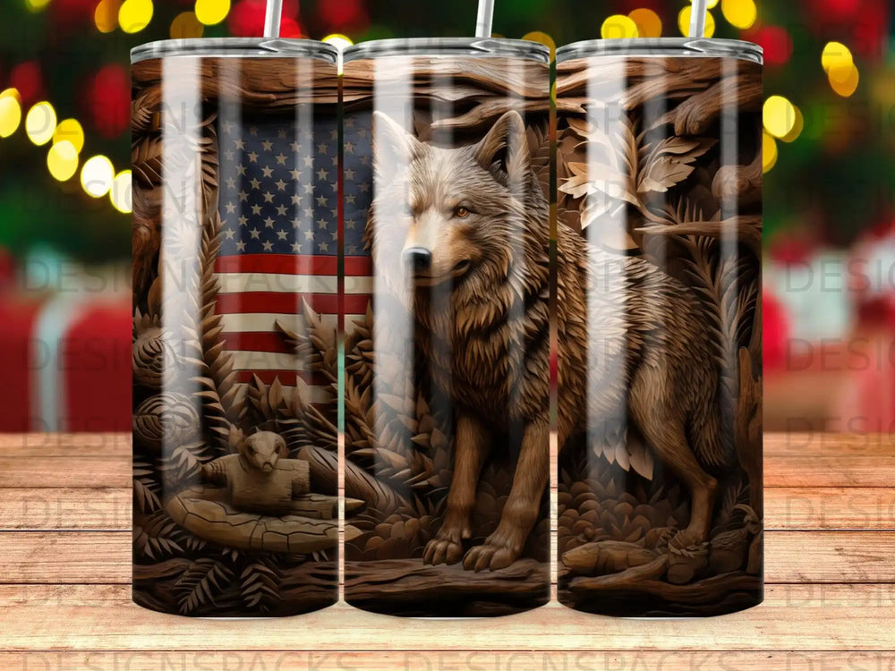 Wolf in forest with American flag background.