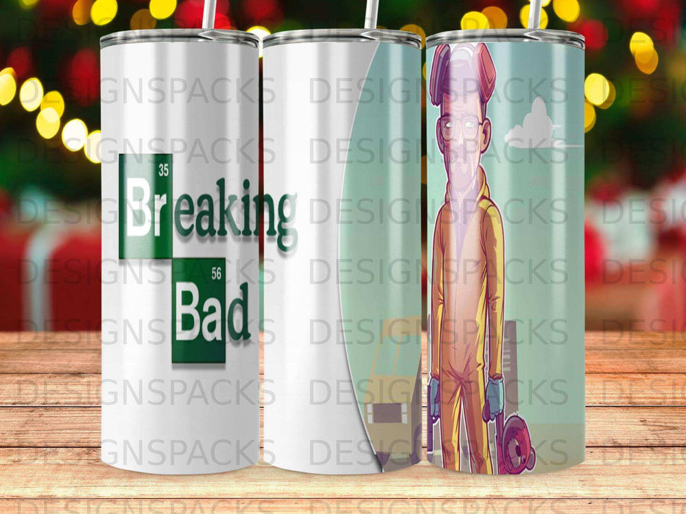 Breaking Bad tumbler with characters and logo.