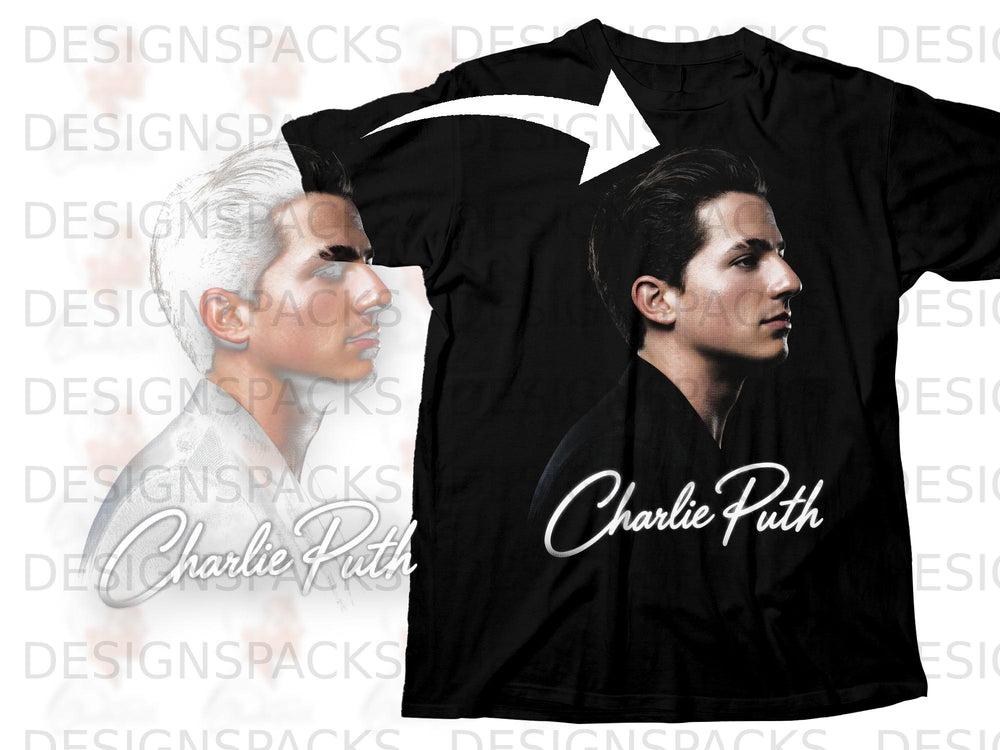 Black t-shirt with Charlie Puth's portrait and signature.