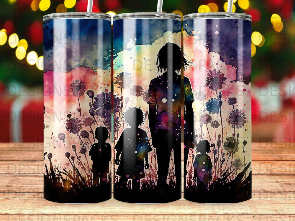 Silhouetted family and children against a watercolor floral background.