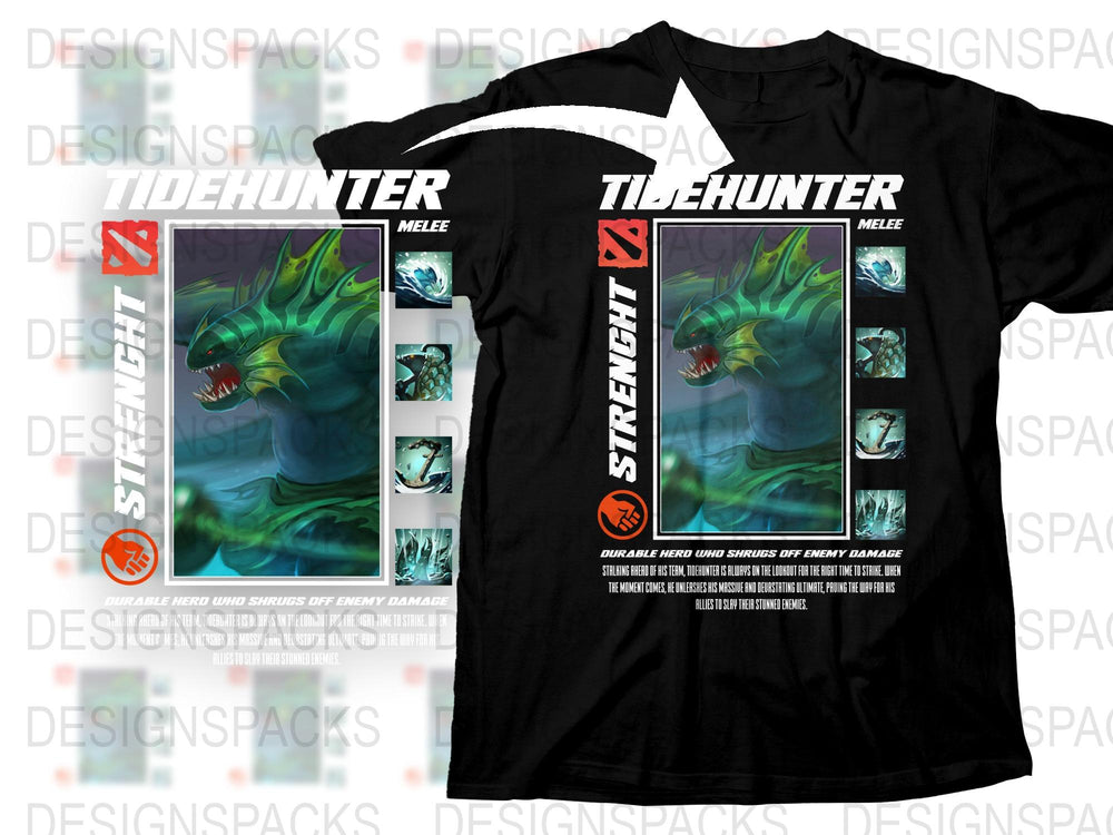Tidehunter Graphic T-Shirt, Dota 2 Inspired Gaming Shirt, Men's Black Tee, Strength Hero Design, Unique Gamer Apparel Gift