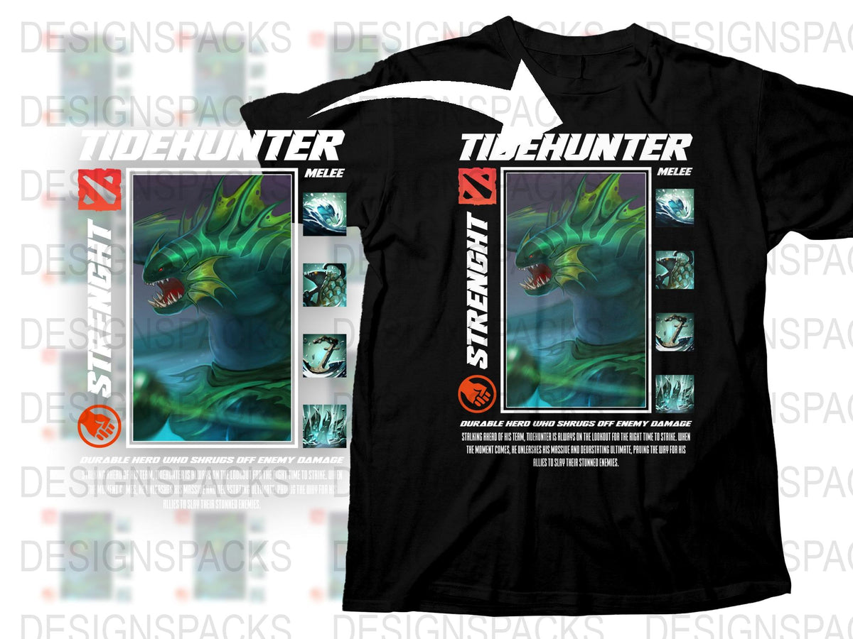 Tidehunter Graphic T-Shirt, Dota 2 Inspired Gaming Shirt, Men's Black Tee, Strength Hero Design, Unique Gamer Apparel Gift