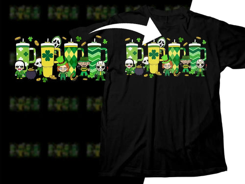 St. Patrick's Day horror-themed t-shirt with shamrocks, mugs, and spooky characters in green.