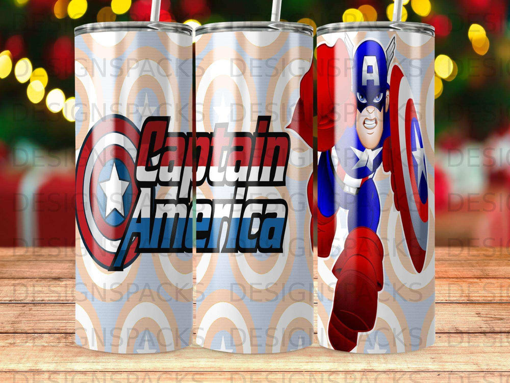 Captain America shield and figure on a tumbler pattern.