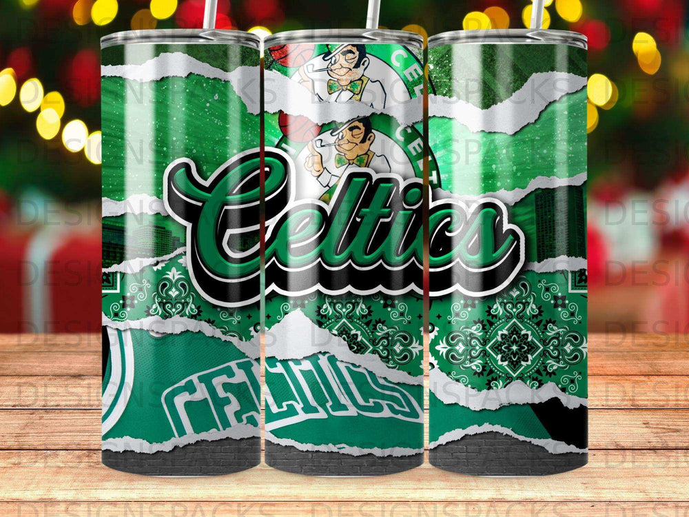Boston Celtics logo and bandana pattern on a three-panel tumbler.