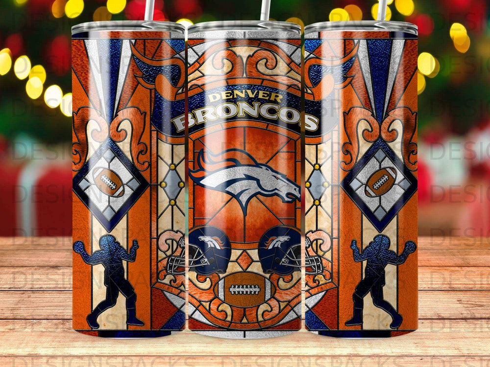 Denver Broncos football team logo and helmets on a stadium-themed tumbler.