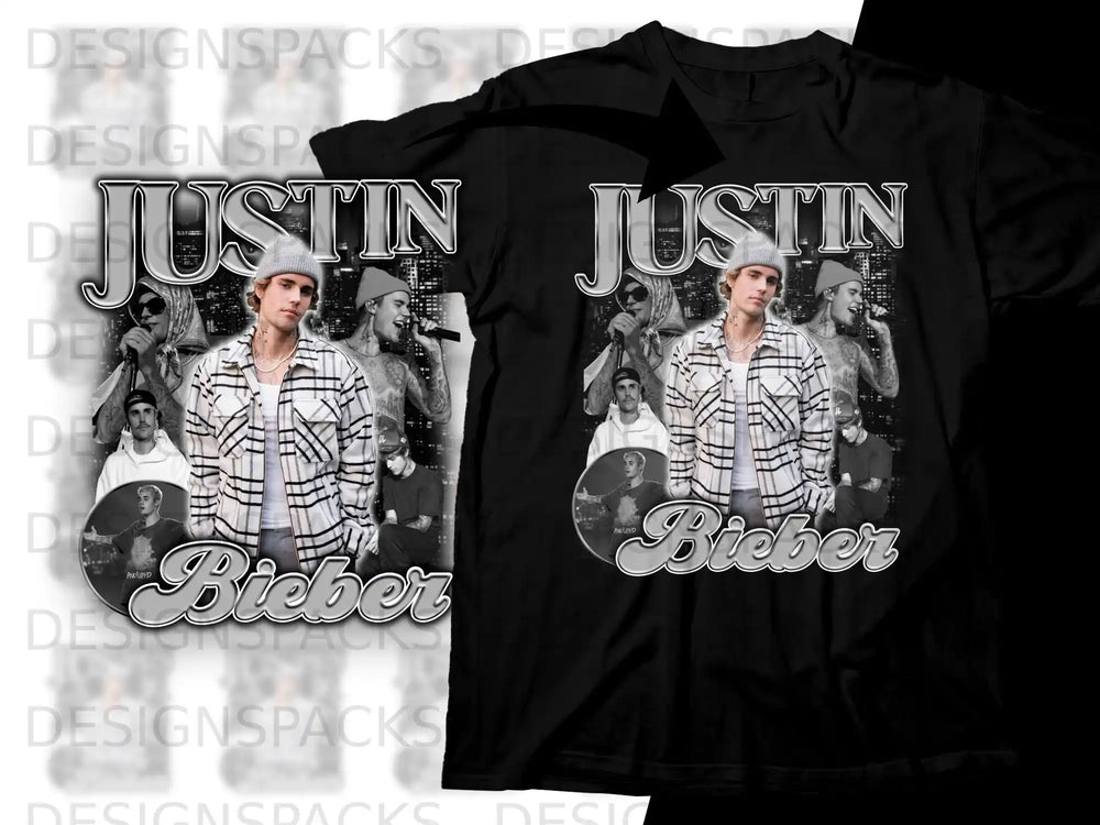 Justin Bieber graphic t-shirt with black and white photos and text.