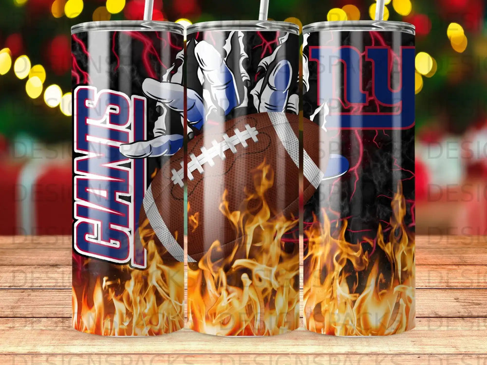 New York Giants football with flames on a black background.