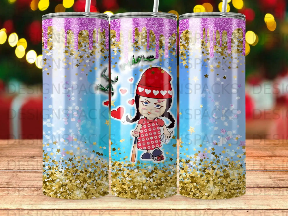 Girl character with baseball bat, hearts, and glitter on a blue, purple, and gold tumbler.