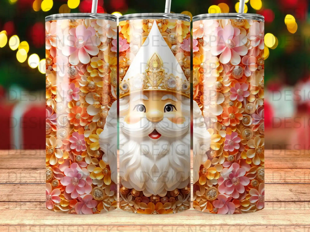 Santa Claus face with ornate gold and floral patterns on a tumbler.