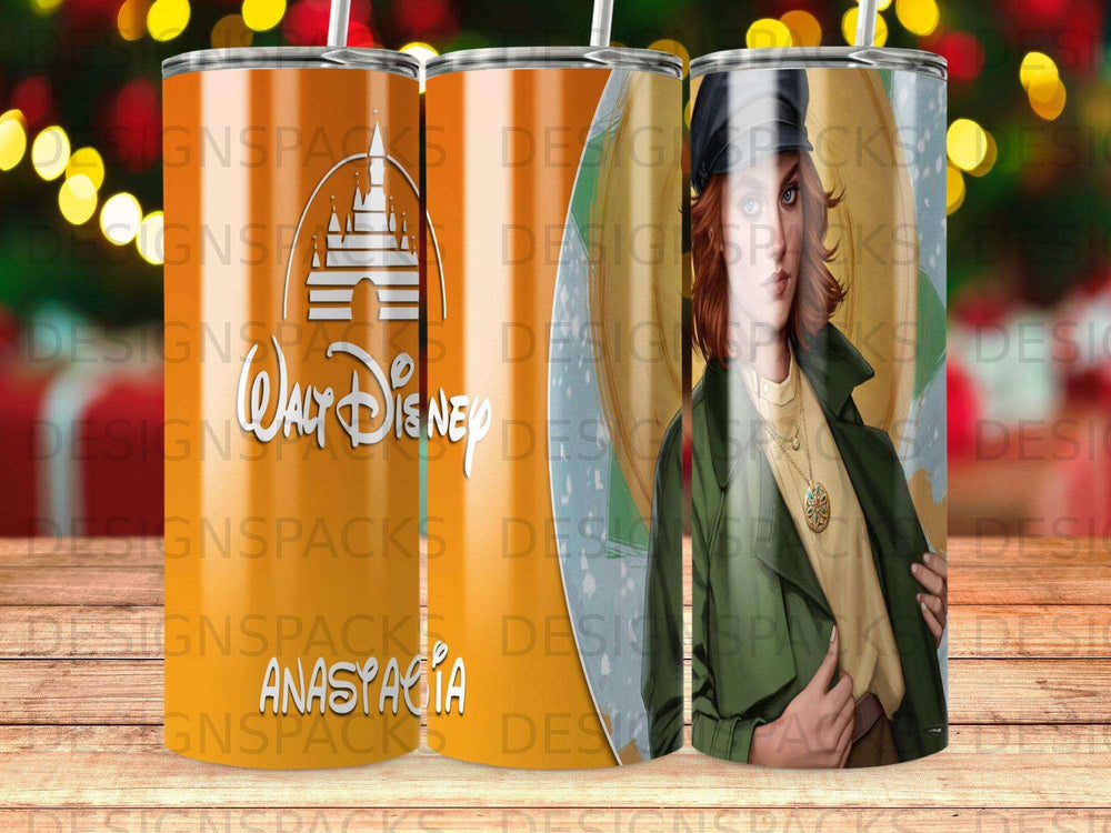 Walt Disney's Anastasia movie title and castle logo on a patterned tumbler.