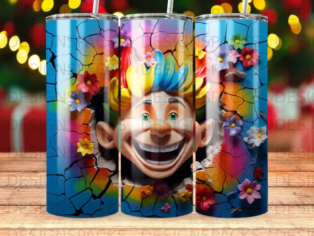 Cartoon clown face emerging from colorful cracked wall with flowers.