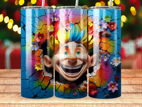 Cartoon clown face emerging from colorful cracked wall with flowers.