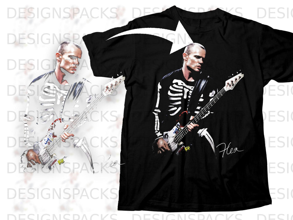 Black t-shirt with graphic of Flea playing bass guitar in skeleton shirt.