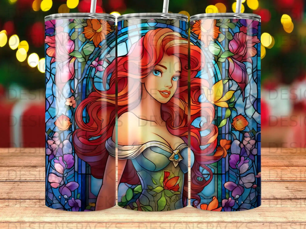 Ariel with red hair and blue eyes, surrounded by stained glass flowers and fish.