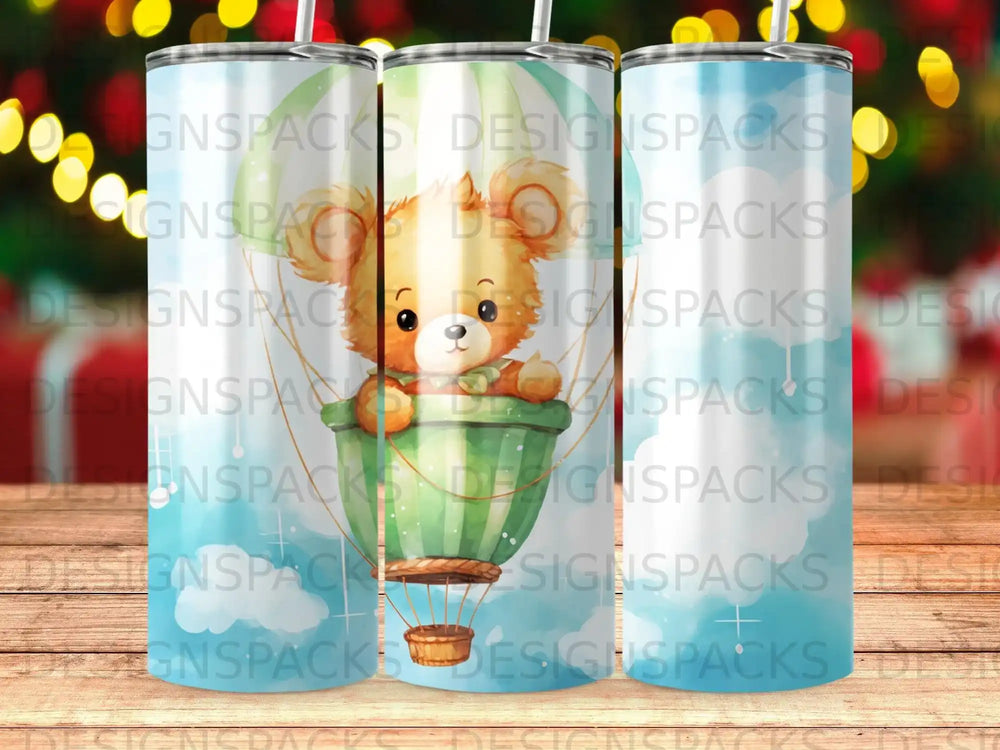 Teddy bear in hot air balloon with clouds.