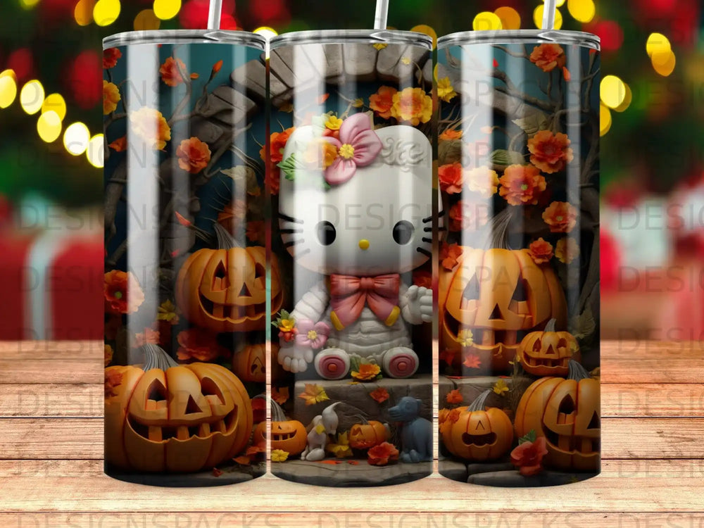 Hello Kitty on a pumpkin patch throne surrounded by pumpkins and autumn leaves.