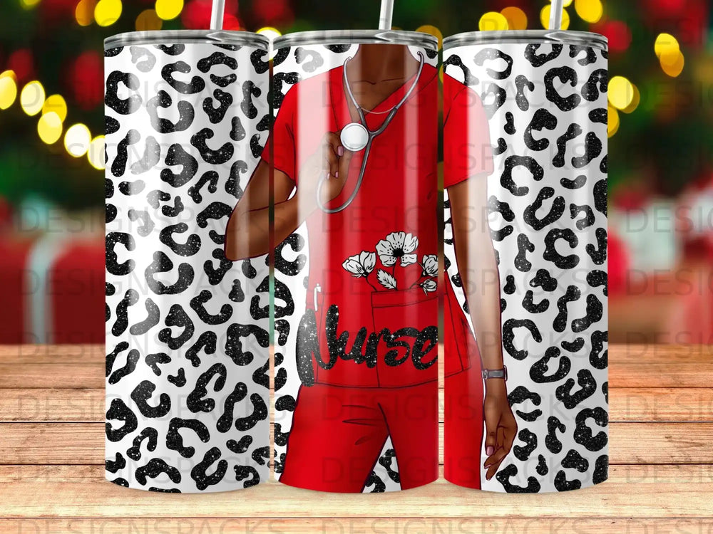 Red nurse uniform with stethoscope and leopard print pattern on tumbler.