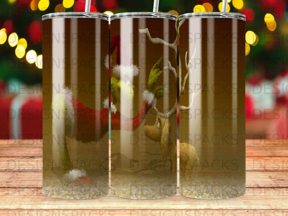 Grinch with Santa hat and Christmas lights tumbler.