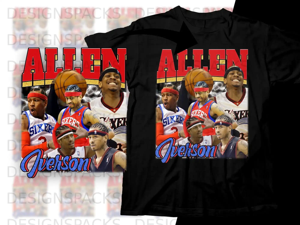Allen Iverson Sixers collage t-shirt with "Allen" and "Iverson" text.