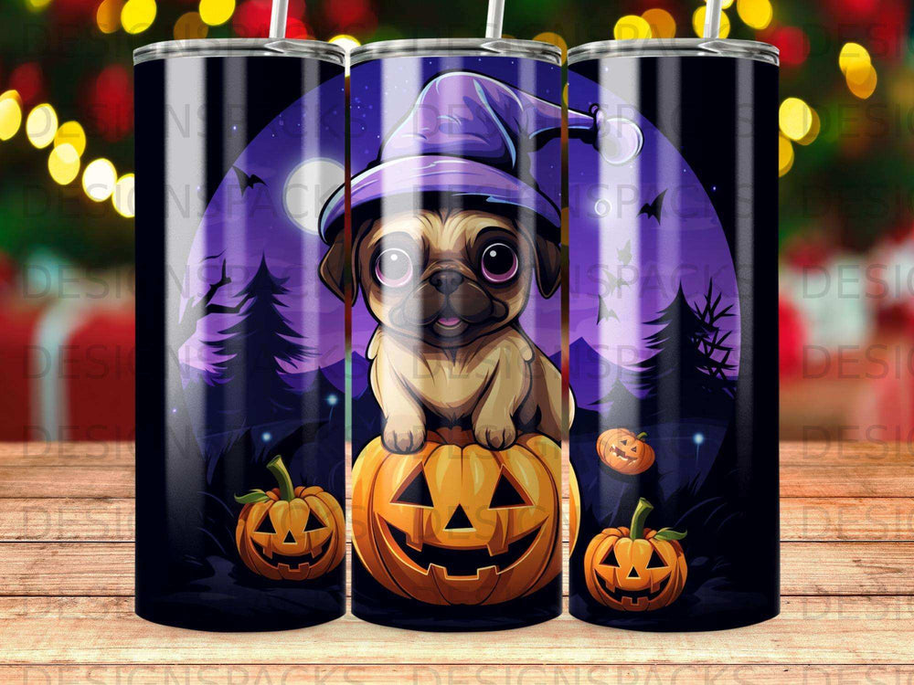 Pug in witch hat sits on a pumpkin with jack-o'-lanterns.