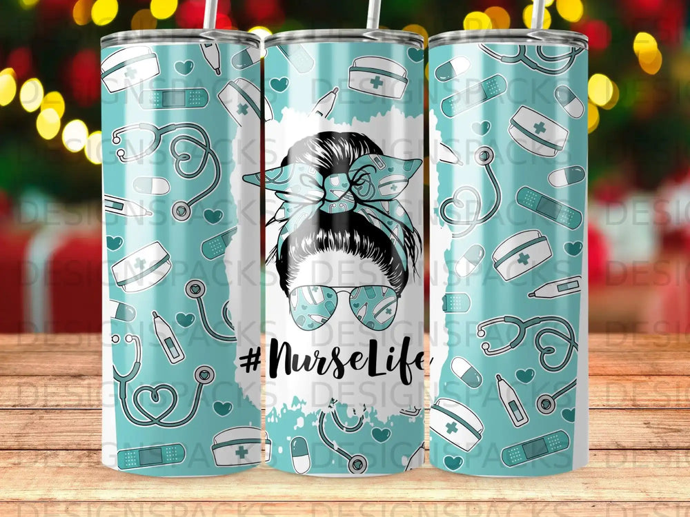 Turquoise tumbler with a messy bun and stethoscope graphic, "#NurseLife" text.